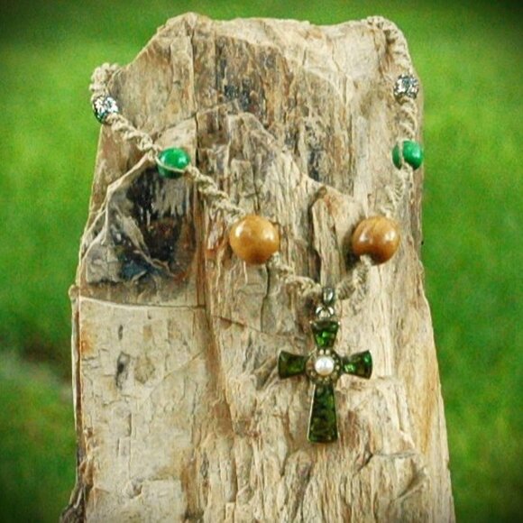 Abalone Like Celtic Cross with a Pearl Center on Tan Hemp Artisan Necklace 17" - Picture 1 of 4